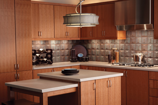 For a warm yet contemporary look, consider a natural finish for your quartersawn cherry cabinetry. Slab doors add a dynamic feel to the space.