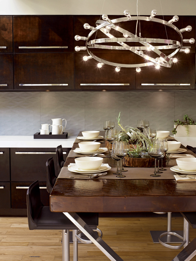 Quartersawn Cherry in Peppercorn makes a bold statement in the House Beautiful 2010 Kitchen of the Year. The rich finish contrasts beautifully with pale countertops and backsplash for a space that is both calm and striking.
