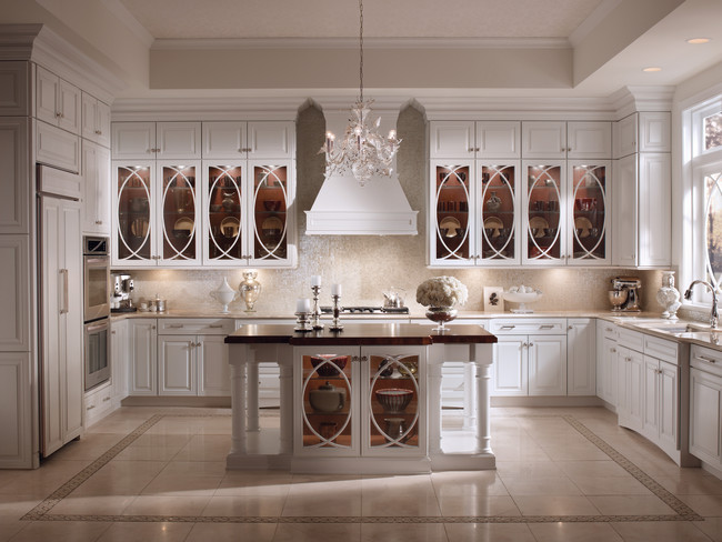 maple kitchen in dove white with palladia glass doors - kraftmaid